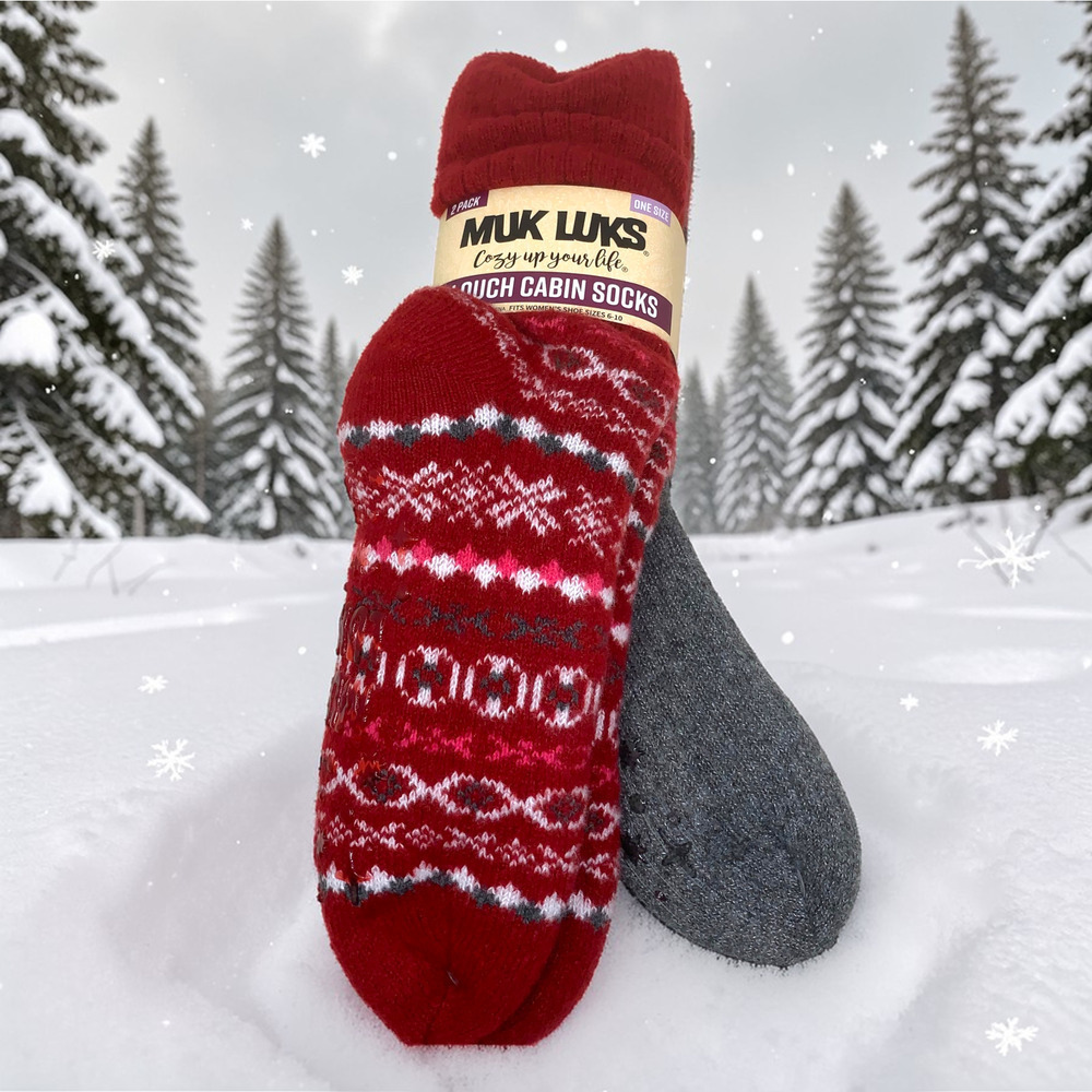 NEW MUK LUKS Cabin Socks Fair Isle Red Gray Non Skid Women's Sz 6-10 NWT